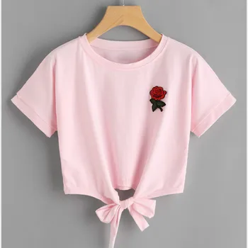 Moterų Trumpi Marškinėliai Vasaros Mados Rose Siuvinėjimo Seksualus Tuščiaviduriai Iš trumpomis Rankovėmis Harajuku marškinėliai Pasėlių Viršuje Femeal T-shirts