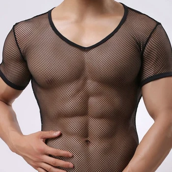 Seksualus Vyrai Super Plonas vielos tinklo Marškinėliai trumpomis Rankovėmis Skaidrus Perspektyvos Viršūnes Apatiniai marškinėliai Kvėpuojantis Matyti Per Tee Marškinėlius