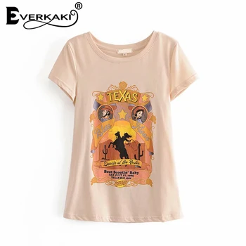 Everkaki Boho Retro Print T-shirt Viršuje Moterys Vasarą Tees Čigonų Ponios Derliaus Kaubojus Topai marškinėliai Atsitiktinis Moterų 2020 M. Naujos Mados