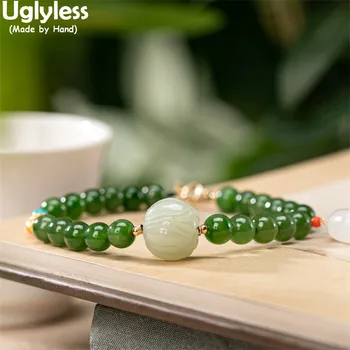 Uglyless Gamtos Green Jade Jasper Apyrankės Moterims Smaragdas Lotus Papuošalai Prabanga 24K Aukso Žuvys Karoliukai Multi Lobis Gesmtones