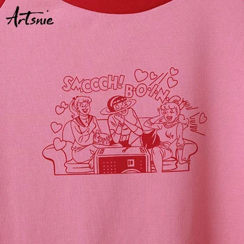 Artsnie streetwear atsitiktinis marškinėliai moterims vasarą, o kaklas trumpas rankovės apkarpyti viršūnes femme animacinių filmų rožinė kratinys apkarpytos t-shirt mujer
