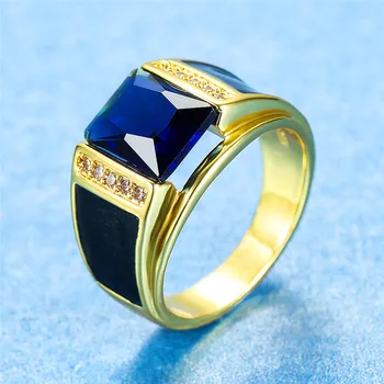 Vyrų, Moterų Mėlyna Cirkonis Akmuo Prabangus Žiedas Geltonas Auksas Šalies Piršto Žiedą Mados Vestuvių, Sužadėtuvių Žiedai Vyrams Ir Moterims