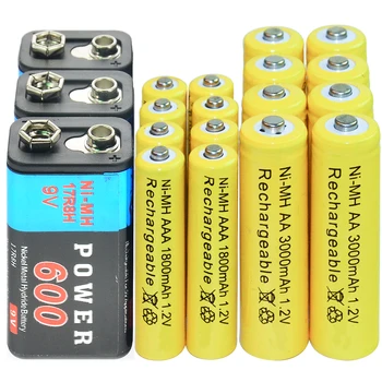 3x 9V 600mAh + 8x AAA 1800mAh + 8x AA 3000mAh 1.2 V NI-MH baterija Baterijos elementų žaislų geltona