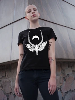 Moterų Gotikos Marškinėliai Kaukolė Drugys T-Shirt Kristalinis Mėnulis ir Mirties Drugelis Marškinėliai Pagonių Šėtono Tee Raganavimas Punk Tees Grunge Marškinėliai