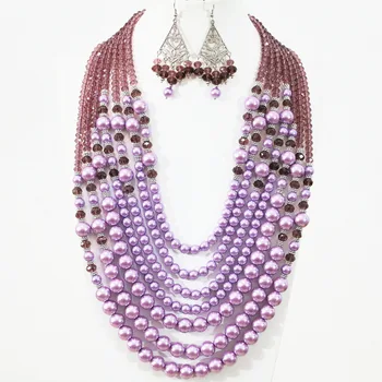 Mados violetinis apvalus korpuso imituojamas-pearl abacus kristalų 7 eilių karoliai, auskarai nustatyti gražių moterų grožio papuošalai B1310