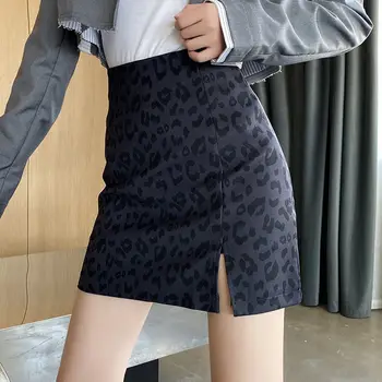 Sijonai Moterims-line Pusėje Ritininės Leopard Streetwear Elegantiškas Mini Hip-sijonas Plonas Seksualus Mados Derliaus korėjos Stiliaus Femme Faldas