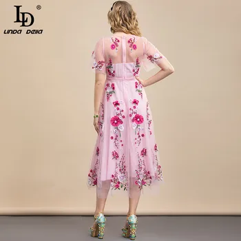 LD LINDA DELLA 2021 m. Vasaros Mados Dizaineris Midi Suknelė Moterims trumpomis rankovėmis Pyszny Gėlių Siuvinėjimo Tinklelio, Derliaus Šalis Suknelė