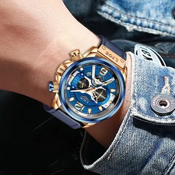 LIGE Karinio judėjimo Laikrodžiai Vyrams Blue Top Brand Prabanga Karinės Odos Laikrodis Žmogus Laikrodis Mados Chronograph Žiūrėti+Box