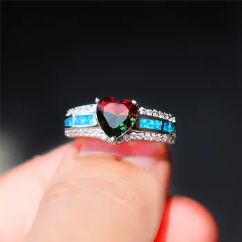 Mados Moterų Raudona Mėlyna Mažas Širdies Opalas Žiedas Senovinių Sidabro Spalvos Cirkonis Piršto Žiedą, Paprastas Pažadas, Vestuviniai Žiedai Moterims