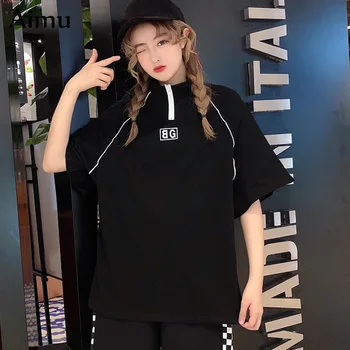 Vasaros mados marškinėliai Harajuku laiškas spausdinti užtrauktukas marškinėliai atsitiktinis palaidų trumpas rankovės hip-hop streetwear moterys juoda viršūnes tees