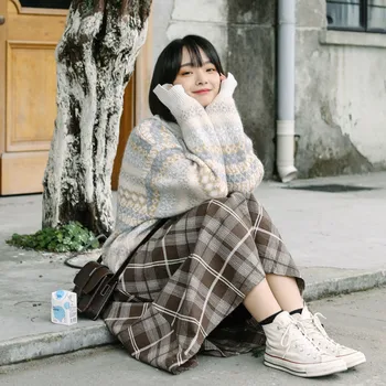 Nauja Japonų Harajuku Rudens Žiemos Moterys Midi Sijonas Aukštu Juosmeniu Pledas Moterų Saias Korėjos Ulzzang Streetwear Elegantiškas Ilgas Kelnes