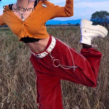 Sweetown Velvetas Moterų Krovinių Kelnės Su didelėmis Kišenėmis Atsitiktinis Baggy Poilsiu Moterų Streetwear Didelis Juosmens Hipių Haremo Kelnės 90s